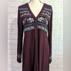 Caite Anthropologie Embroidered Tunic Top Women's Sz S Cardigan Plum 3 Button